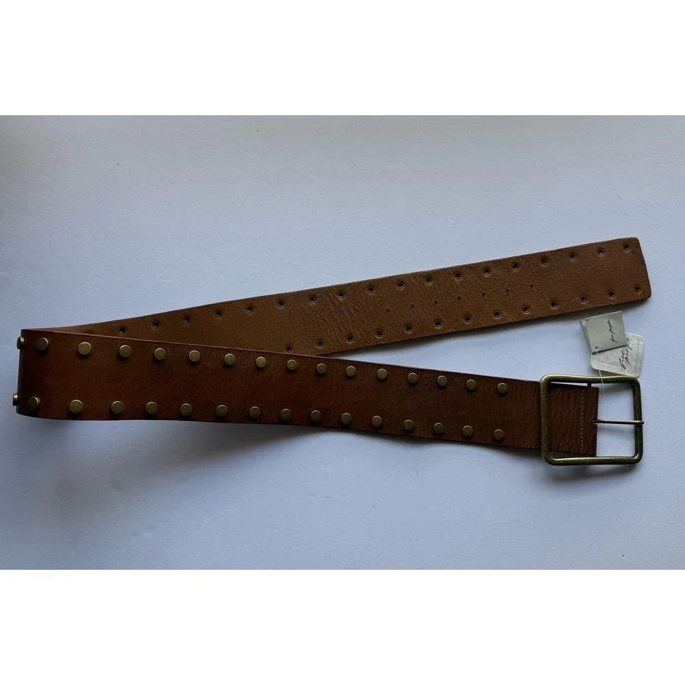 NWT Free People Brown Cognac & Brass Hex Hip Belt Size M/L Y2K